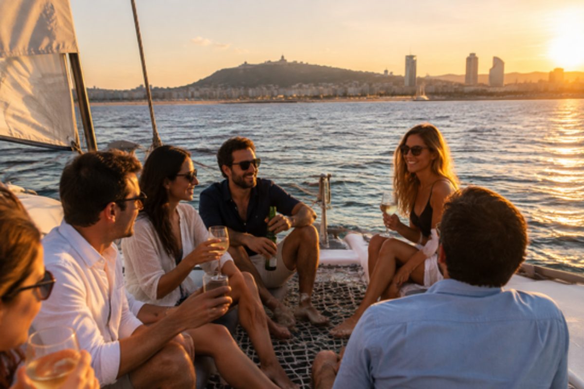 Compañeros de trabajo en un catamarán al atardecer frente a la costa de Barcelona