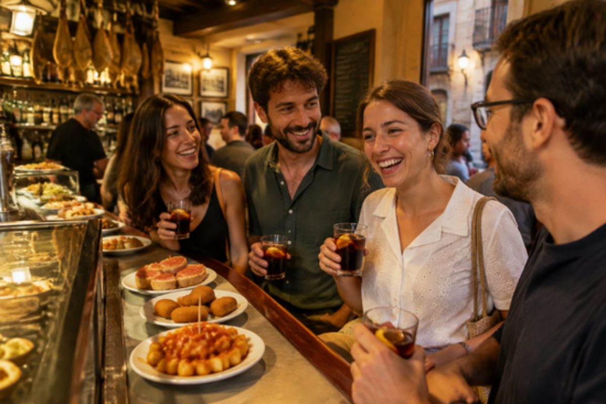 Grupo de compañeros de trabajo tomando tapas y vermut en un bar del Born de Barcelona